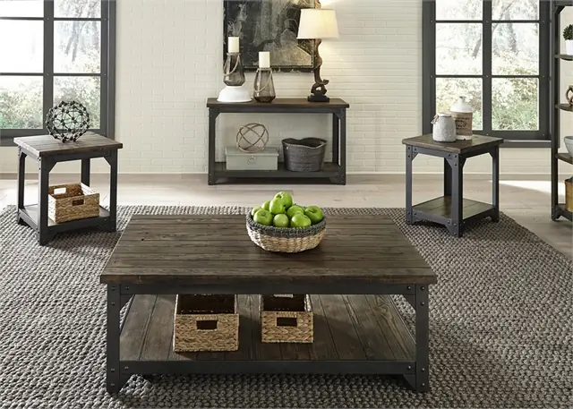 Rustic reclaimed wood and black metal occasional table set with coffee table and two end tables