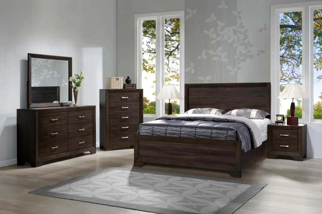 Dark walnut bedroom set with bed, dresser, mirror, chest and nightstand